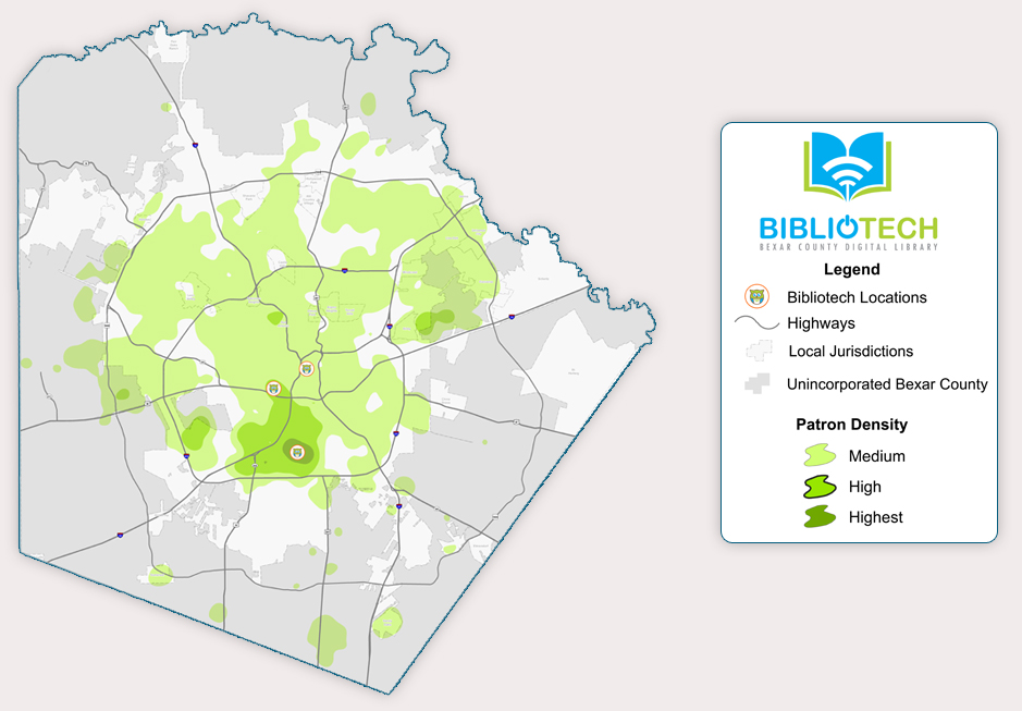 Heat map showing the density of BiblioTech Patrons across Bexar County