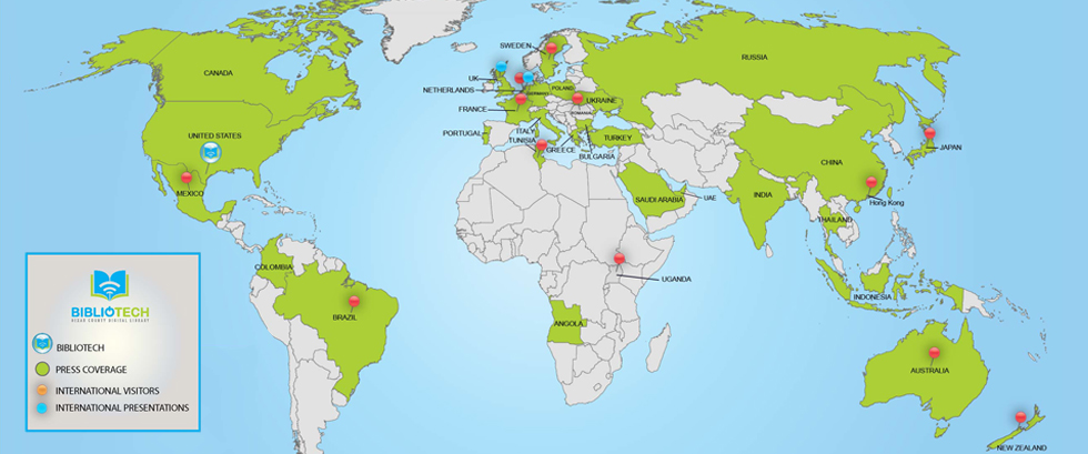 Informational Map of BiblioTech Press Coverage and International Visitors